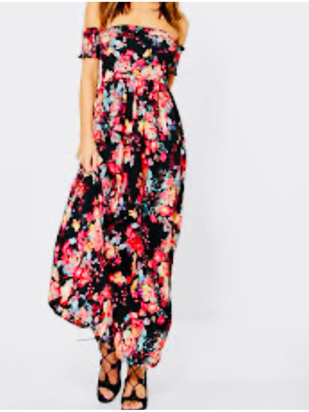 Boohoo Black Off-Shoulder Floral Maxi Dress